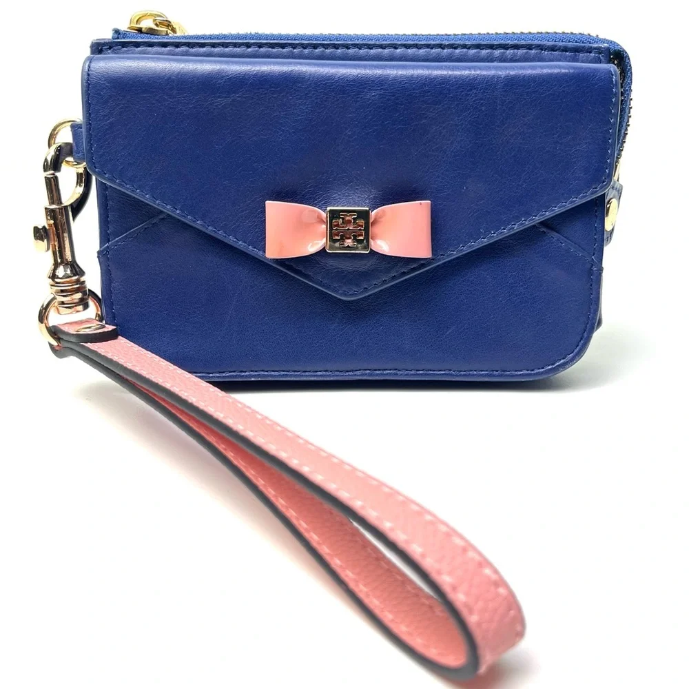 Tory Burch Navy Blue Pink Smooth Leather Wristlet/Wallet